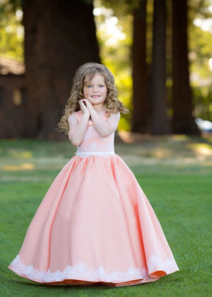 Scoop Neck White Lace Coral Satin Corset Back Flower Girl Dress